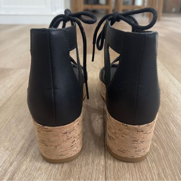 NWOB Sorel Cameron Platform Lace Wedge Sandals Leather Women's Size 9 Black - Picture 7 of 12